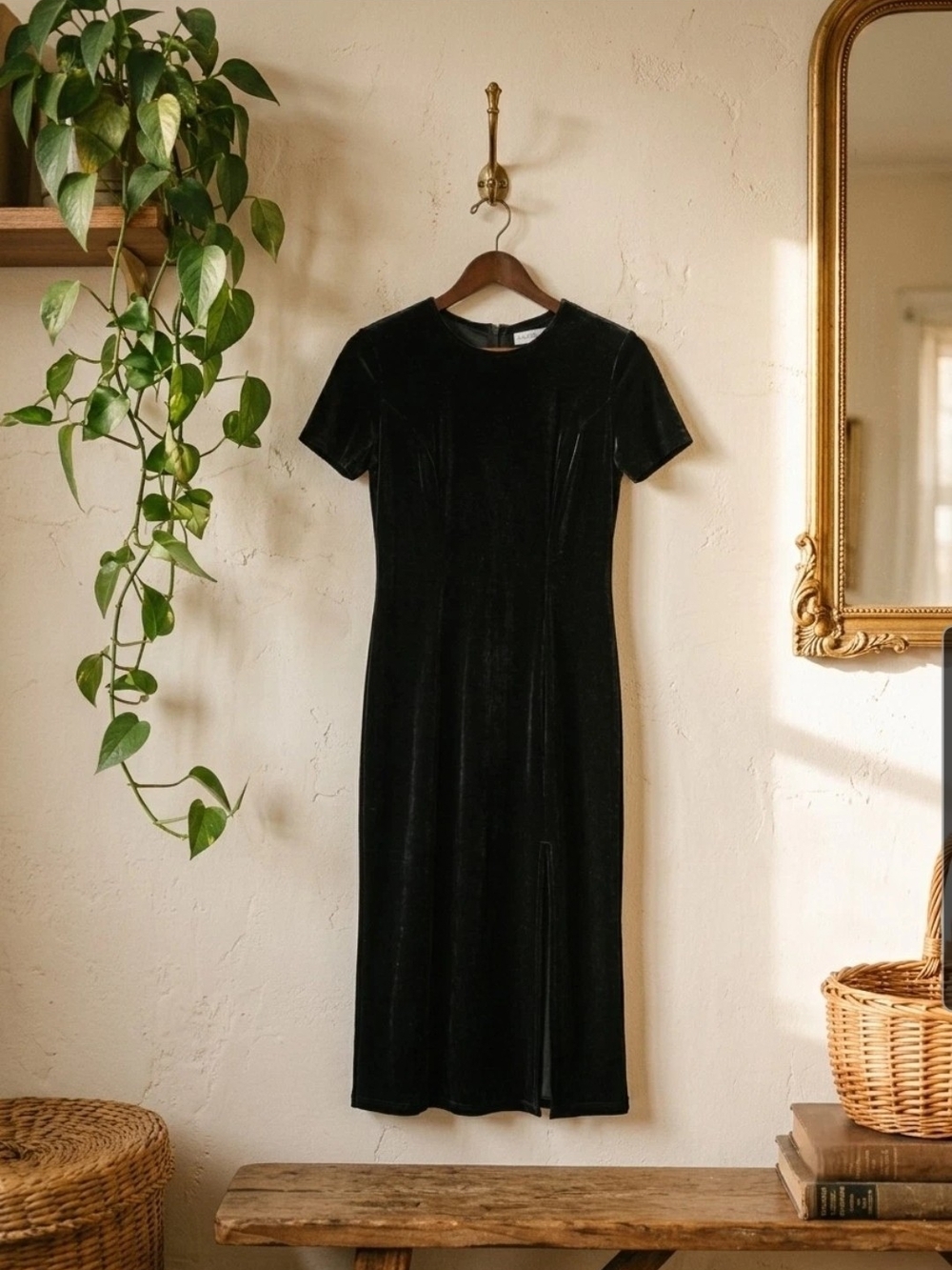 Scarlett Black Velvet Short Sleeve Midi Dress